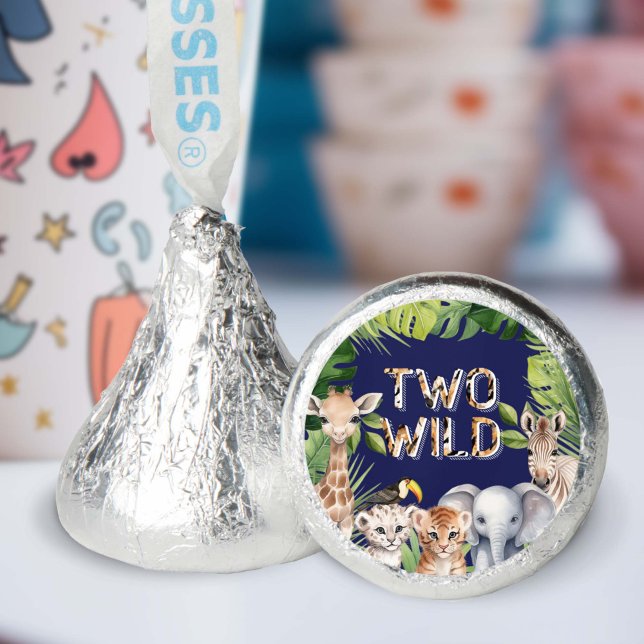 Navy Blue Two Wild Jungle Animals 2nd birthday Hershey®'s Kisses® (Navy Blue, Two Wild Jungle Animals Themed Birthday chocolate favors.)