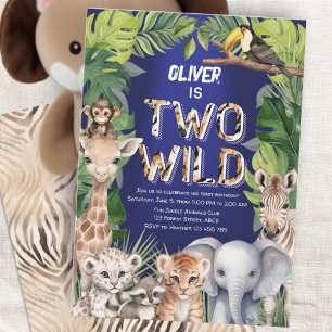 Navy Blue Two Wild Jungle Safari 2nd birthday Invitation