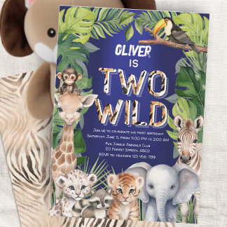 Navy Blue Two Wild Jungle Safari 2nd birthday Invitation
