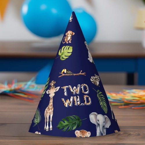 Navy Blue Two Wild Safari Jungle 2nd birthday Party Hat