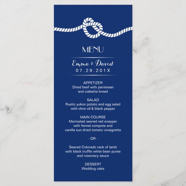 Navy Blue Tying the Knot Nautical Wedding Menu (Front)