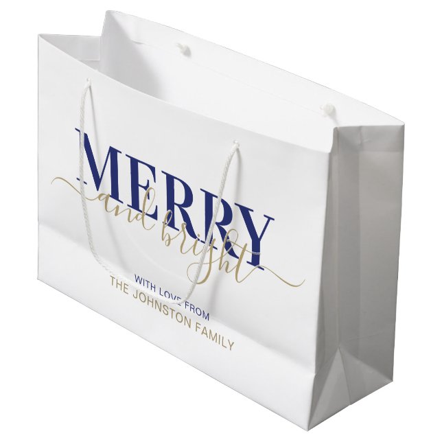 Navy blue typography merry and bright Christmas  Large Gift Bag (Front Angled)