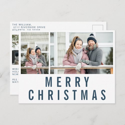 Navy Blue Typography Merry Christmas Photo Collage Postcard