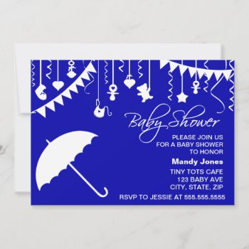 Navy Blue Umbrella Modern Baby Shower Invitations by PeachyPrints at Zazzle