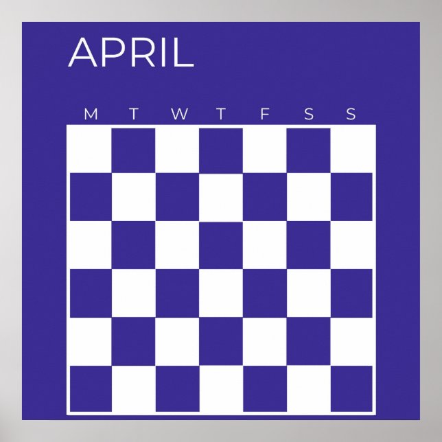 Navy Blue Undated Checkered April Monthly Calendar Poster (Front)