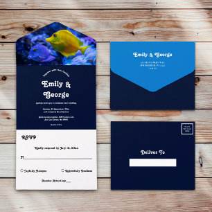 Navy Blue Under The Sea Fish Summer Wedding All In One Invitation