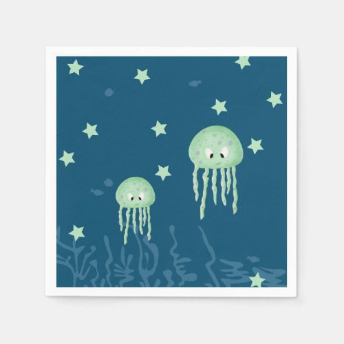 Navy Blue Under the Sea Jellyfish and Stars Party Napkins