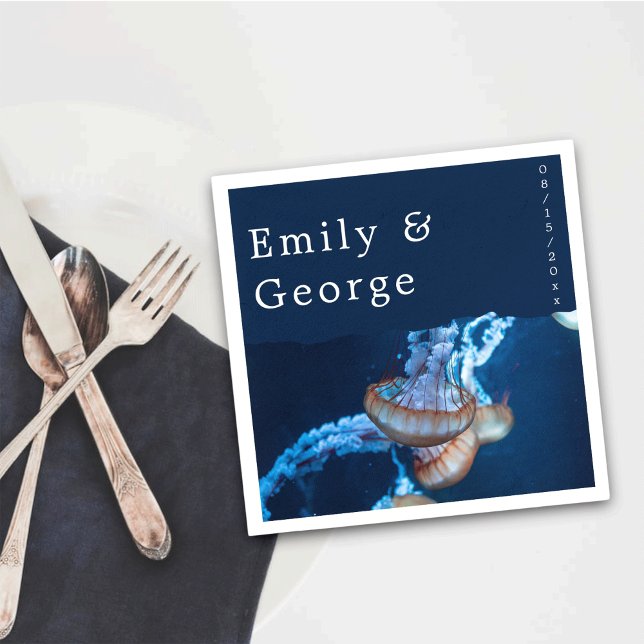 Navy Blue Under The Sea Jellyfish Nautical Wedding Napkins (Creator Uploaded)