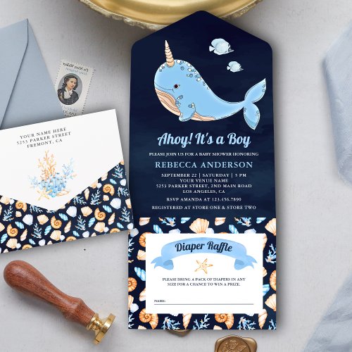 Navy Blue Under the Sea Narwhal Baby Shower All In One Invitation