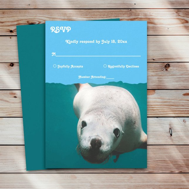 Navy Blue Underwater Aqua Sea Lion Coastal Wedding RSVP Card (Creator Uploaded)