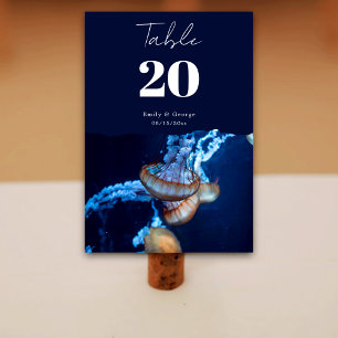 Navy Blue Underwater Jellyfish Nautical Wedding Table Number