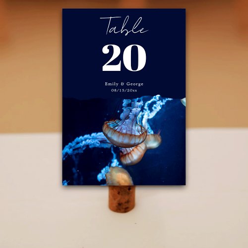 Navy Blue Underwater Jellyfish Nautical Wedding Table Number