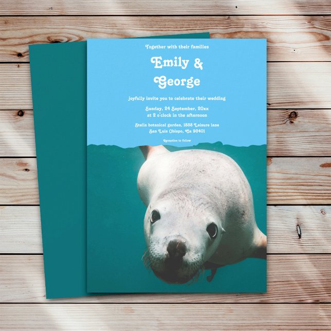Navy Blue Underwater Sea Lion Beach Summer Wedding Invitation (Creator Uploaded)