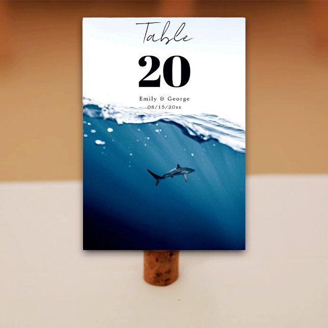 Navy Blue Underwater Shark Nautical Beach Wedding Table Number (Creator Uploaded)