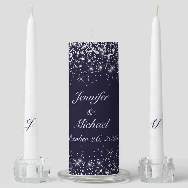 Navy Blue Unity Candle Glitter Effect Couple Names (Front)