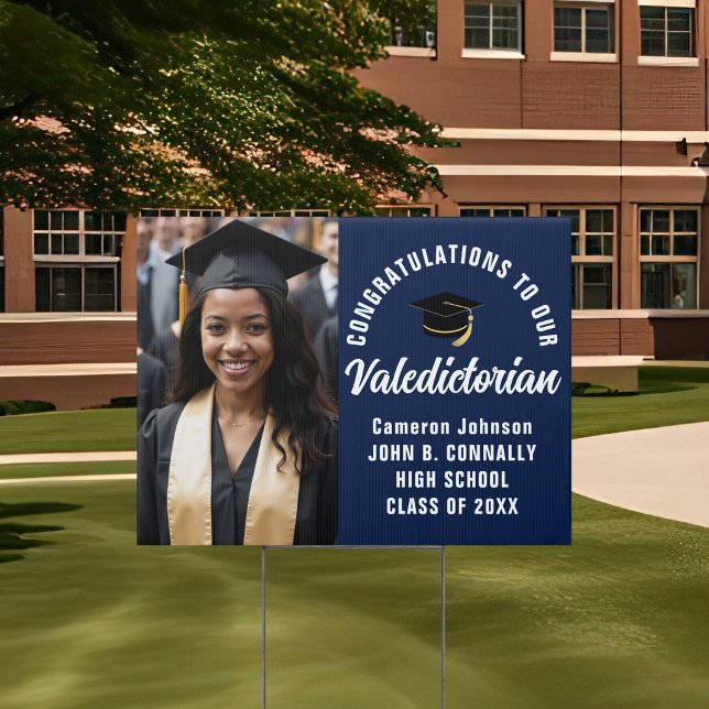 Navy Blue Valedictorian Photo Graduation Yard Sign (Creator Uploaded)