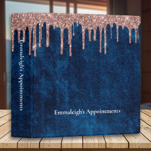 Navy Blue Velvet Rose Gold Glitter Drip Appt 3 Ring Binder
