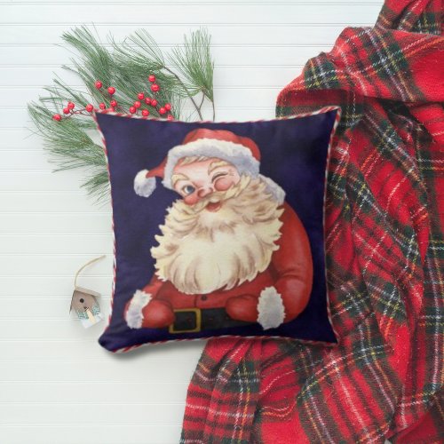 Navy Blue Velvet Vintage Santa Claus Christmas Throw Pillow
