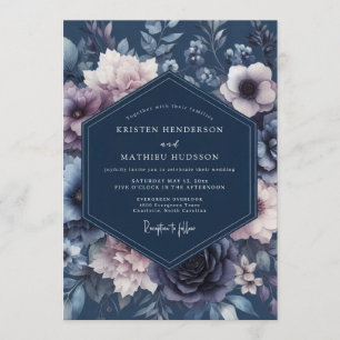Navy Blue Velvety Botanical Wedding Invitation