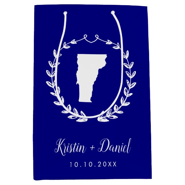 Navy Blue Vermont Map Wedding Welcome Swag Medium Gift Bag (Front)
