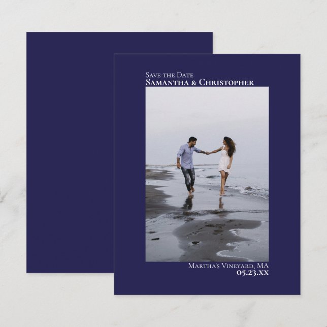 Navy Blue Vertical Photo Modern Minimalist Wedding Save The Date (Front/Back)