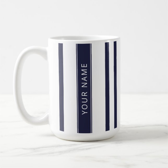 Navy Blue Vertical Stripes with Your Name Mug (Left)