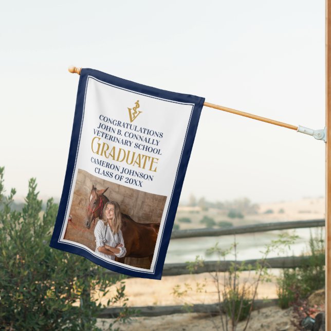 Navy Blue Veterinary School Photo Graduation Party House Flag (Insitu (Back))