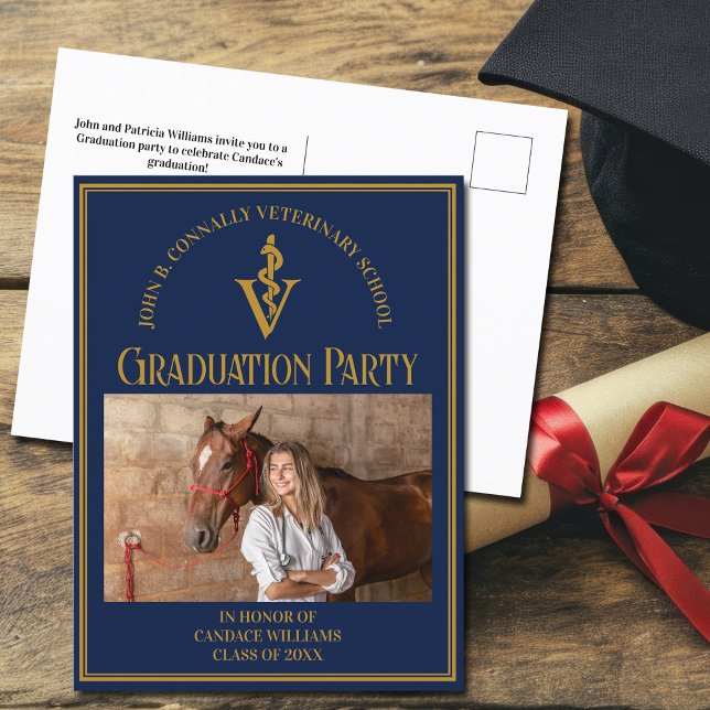 Navy Blue Veterinary School Photo Graduation Party Invitation Postcard (Creator Uploaded)