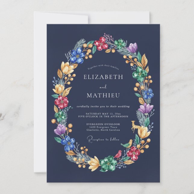 Navy Blue Vibrant Floral Wedding Invitation (Front)