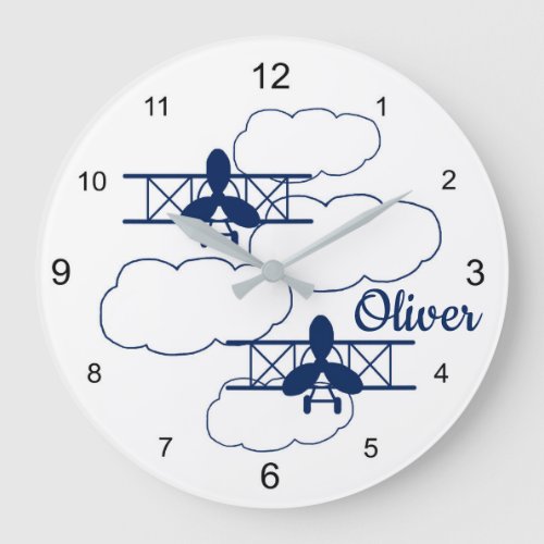 Navy blue vintage airpalne clouds baby boy nursery large clock
