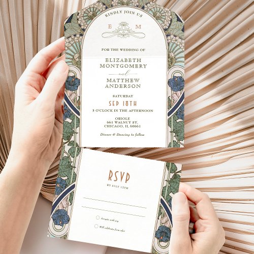 Navy Blue Vintage All in One Wedding Art Nouveau All In One Invitation