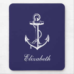Navy Blue Vintage Anchor Custom Monogram Mouse Pad