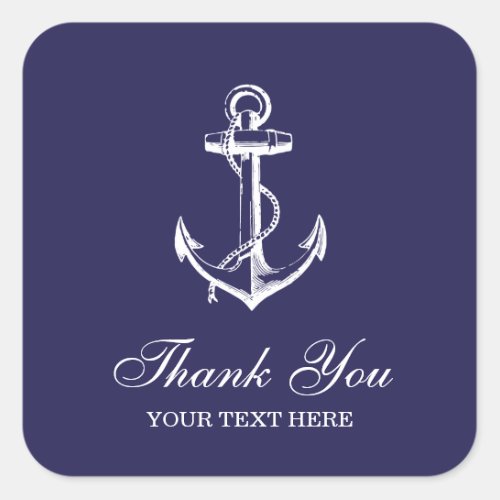 Navy Blue Vintage Anchor Thank You Favor Square Sticker