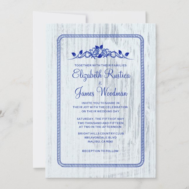 Navy Blue Vintage Barn Wood Wedding Invitations (Front)