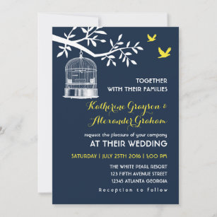 Navy Blue Vintage Bird Cage Wedding Invitation
