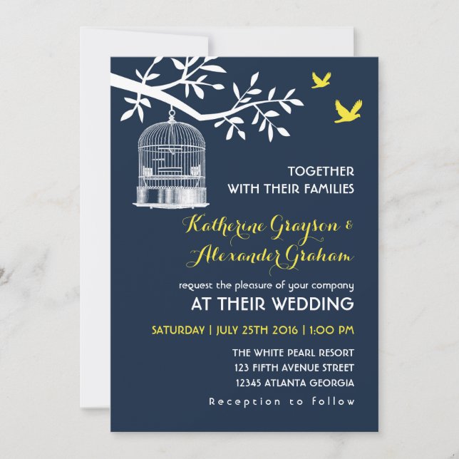 Navy Blue Vintage Bird Cage Wedding Invitation (Front)