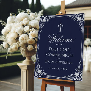 Navy Blue Vintage Boy First Holy Communion Welcome Foam Board