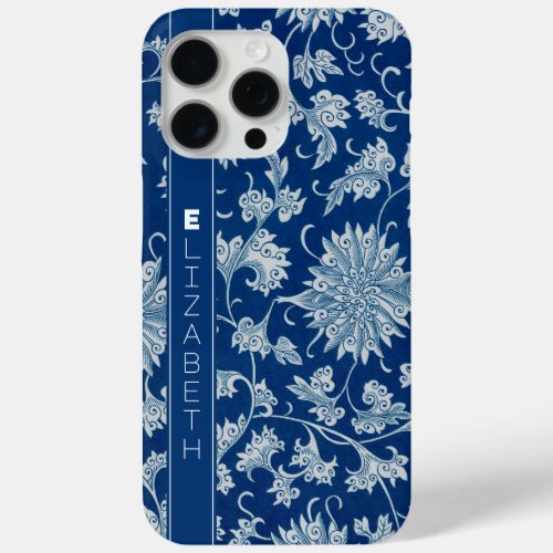 Navy Blue Vintage Chinese Flower Pattern with Name iPhone 15 Pro Max Case