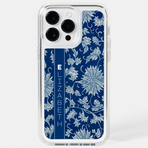 Navy Blue Vintage Chinese Flower Pattern with Name Speck iPhone 14 Pro Max Case