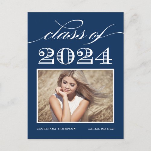 Navy Blue Vintage Class of 2024 Photo Graduation Announcement Postcard
