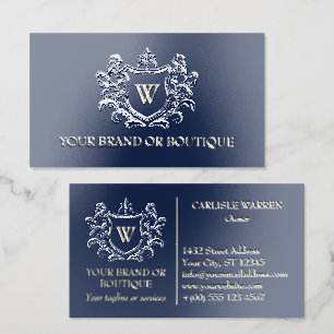 Navy Blue Vintage Crest Monogram Boutique Branding Foil Spot Gloss Business Cards