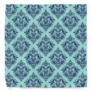 Navy Blue Vintage Damasks Mint-Green Background. Bandana