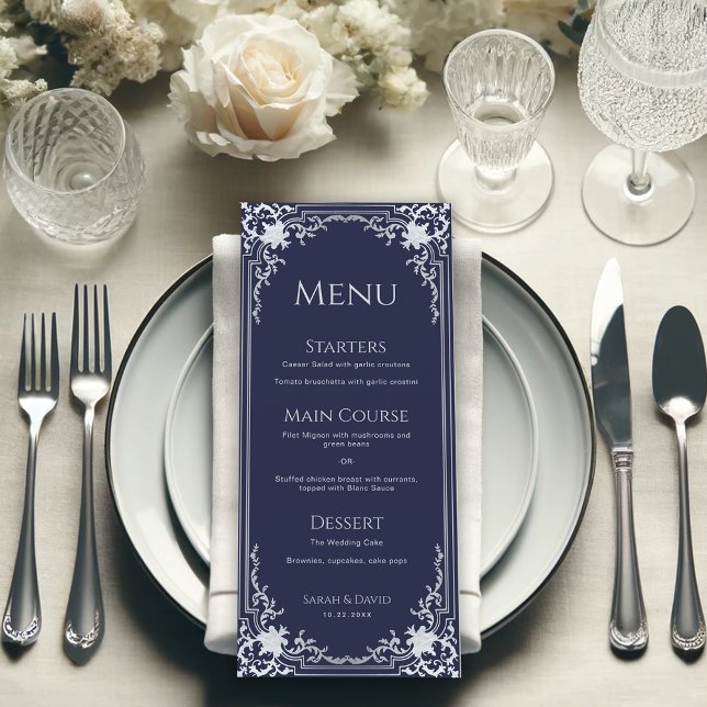 Navy Blue Vintage Elegant Antique Frame Wedding Menu (Creator Uploaded)