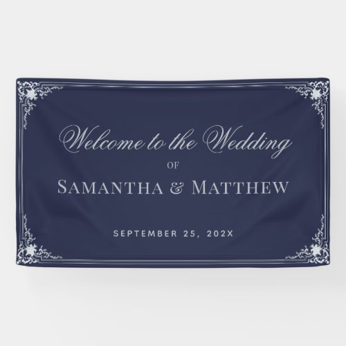 Navy Blue Vintage Elegant Script Wedding Welcome Banner
