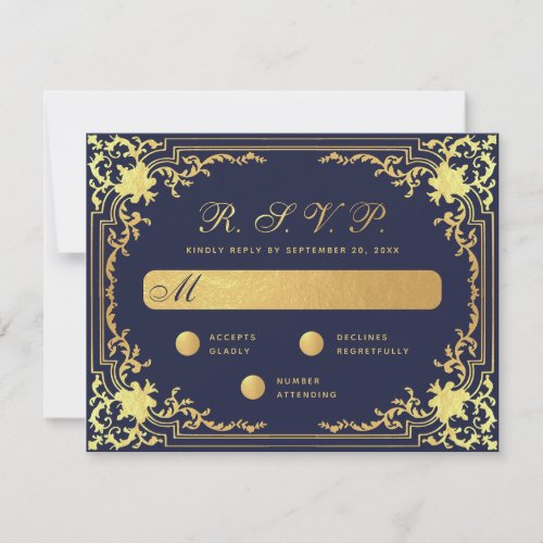Navy Blue Vintage Faux Gold Script Elegant Wedding RSVP Card