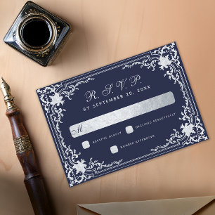 Navy Blue Vintage Faux Silver Elegant Wedding RSVP Card