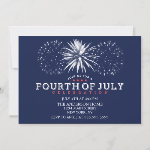Navy Blue Vintage Fireworks 4th of July Party Invitation