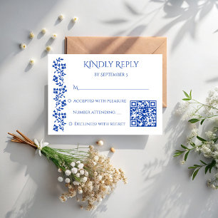 Navy blue vintage floral border wedding qr RSVP card
