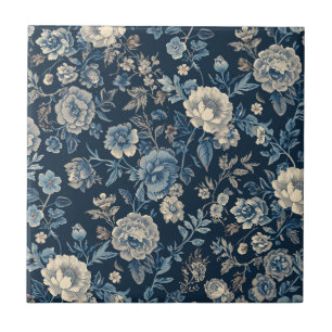 Navy Blue Vintage Floral Botanical Pattern Ceramic Tile