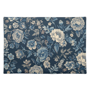 Navy Blue Vintage Floral Botanical Pattern Cloth Placemat
